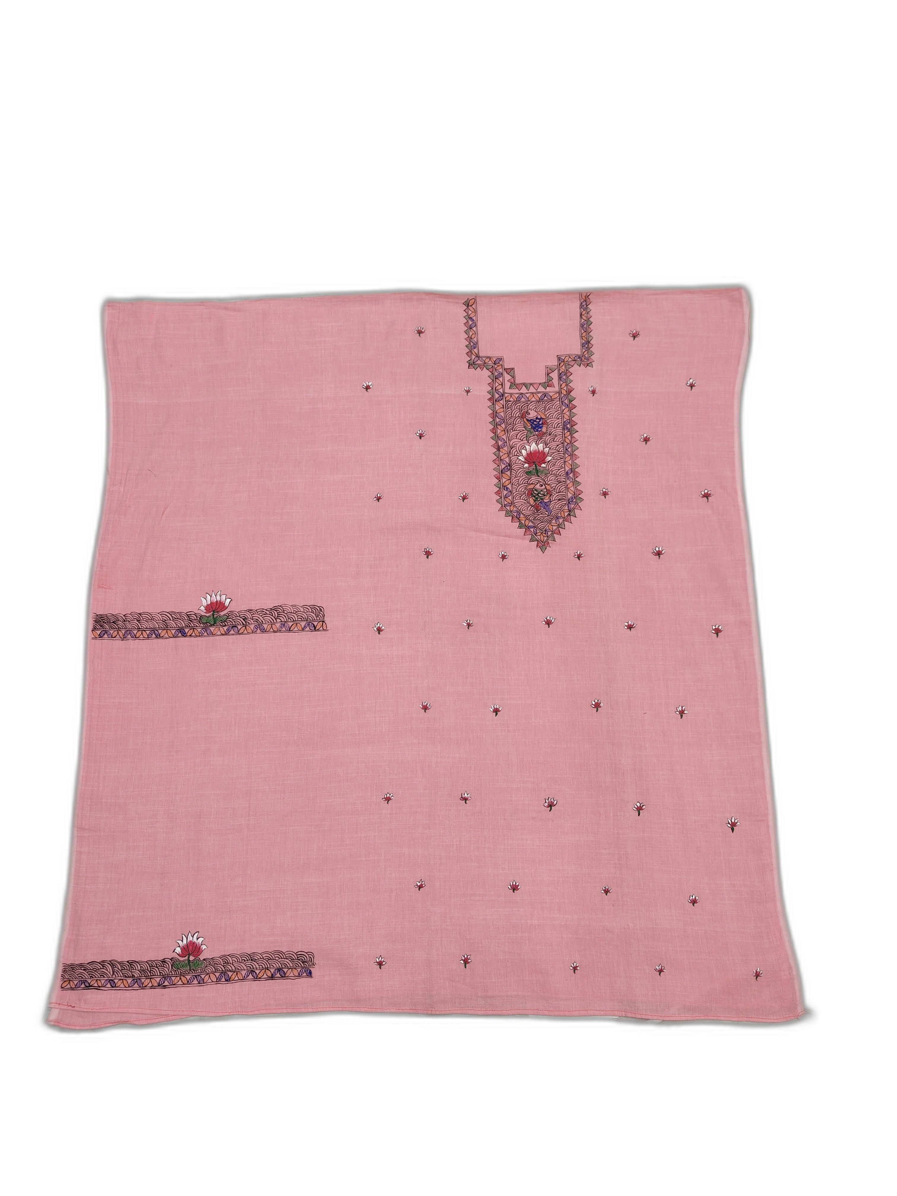 Hand-Painted Madhubani Unstitched Cotton Suit Set in Light Pink